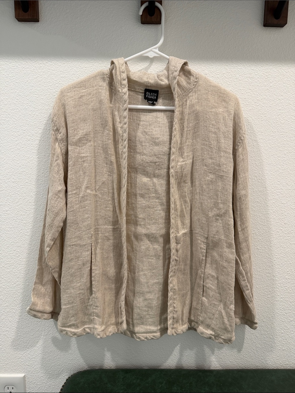 EILEEN FISHER Natural Cream Hooded Open-Front Linen Utility Jacket